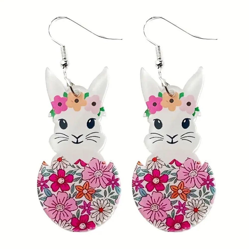 Pink Floral Egg Bunny Dangle Earrings